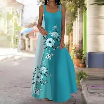 Женское платье-комбинация Длинное платье макси Фиолетовое платье с принтом цветов сливы Весна и лето Для отдыха и отпуска XS синий