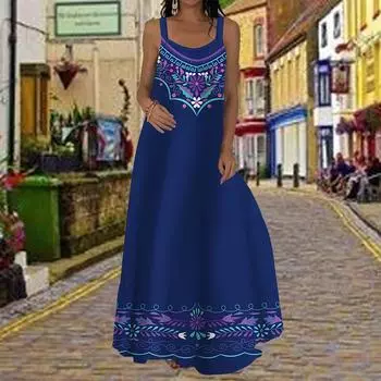 Женское платье-комбинация Длинное платье макси Синее платье с вышитым цветочным принтом Весна и лето Для отдыха и отпуска XS синий