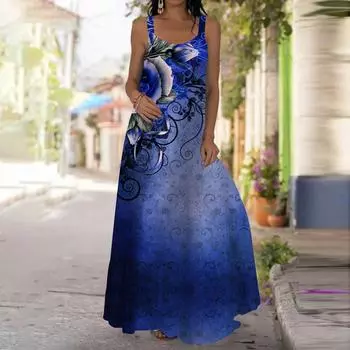 Женское платье-комбинация Длинное платье макси Платье с принтом синих роз Весна и лето Для отдыха и отпуска XS красный