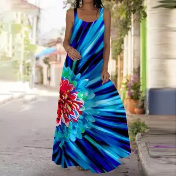 Женское платье-комбинация, длинное платье макси, платье с принтом в виде большого цветка на синем фоне, весна и лето, V-образный вырез, для отдыха и отпуска XS синий