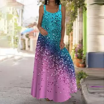 Женское платье-комбинация, длинное платье макси, двухцветное платье с блестками и принтом, весна и лето, V-образный вырез, для отдыха и отпуска XS зелёный