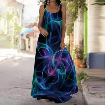 Женское платье-комбинация Длинное платье с яркими линиями Платье с принтом Весна и лето с V-образным вырезом Для отдыха и отпуска XS синий