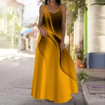 Женское платье-комбинация Длинное платье макси Синее платье с волнистым принтом Весна и лето с v-образным вырезом Для отдыха и отпуска XS синий