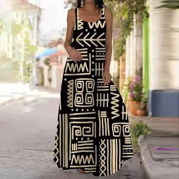 Женское платье-комбинация, длинное платье макси, платье с принтом Twisting Rod, весна и лето, V-образный вырез, для отдыха и отпуска XS жёлтый