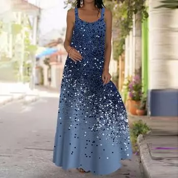 Женское платье-комбинация Длинное платье макси Синее блестящее платье с принтом Весна и лето с v-образным вырезом Для отдыха и отпуска XS зелёный