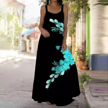 Женское платье-комбинация Длинное платье макси Розовое платье с принтом сверкающих цветов Весна и лето Для отдыха и отпуска XS синий