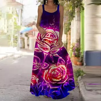 Женское платье-комбинация, длинное платье с принтом «Золотая роза», весна и лето, отдых, отпуск XS фиолетовый