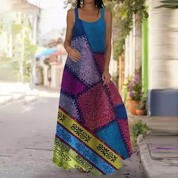 Женское платье-комбинация, длинное платье макси, платье с квадратным принтом, весна и лето, V-образный вырез, для отдыха и отпуска XS синий