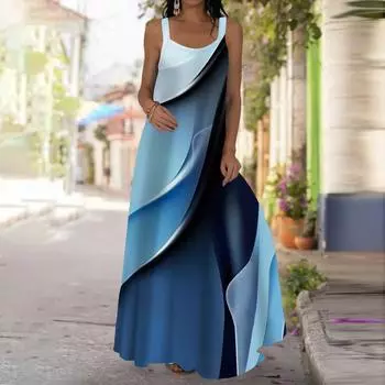 Женское платье-комбинация Длинное платье макси Синее платье с принтом волн и волн Весна и лето с v-образным вырезом Для отдыха и отпуска XS синий