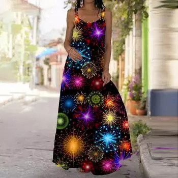 Женское платье-комбинация Длинное платье макси Красочное платье с принтом фейерверков Весна и лето с V-образным вырезом Для отдыха и отпуска XS синий