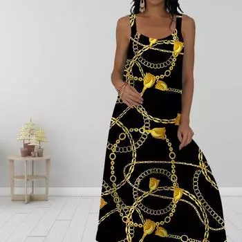 Женское платье-комбинация, длинное платье с принтом в виде цепочек и роз, весна-лето, V-образный вырез, для отдыха и отпуска XS синий