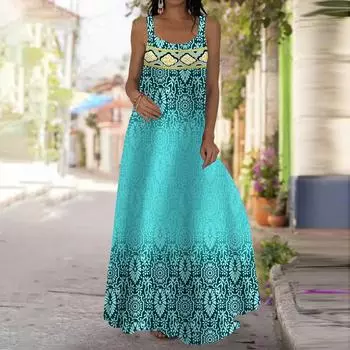 Женское платье-комбинация Длинное платье макси Градиент цвета Платье с принтом символов Весна и лето с v-образным вырезом Для отдыха и отпуска XS светло-синий