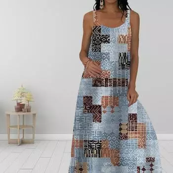 Женское платье-комбинация Длинное платье макси Разноцветное платье в сетку с принтом Весна и лето с v-образным вырезом Для отдыха и отпуска XS синий