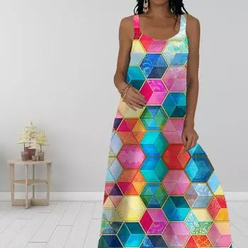 Женское платье-комбинация Длинное платье макси Красочное платье с шестигранным принтом Весна и лето с v-образным вырезом Для отдыха и отпуска XS зелёный