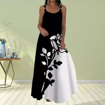 Женское платье-комбинация Длинное платье макси Черное сексуальное платье с принтом роз Весна и лето Для отдыха и отпуска XS чёрный