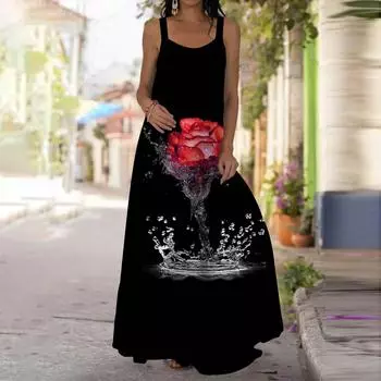 Женское платье-комбинация Длинное платье красного цвета с каплями воды Платье с принтом роз Весна и лето Для отдыха и отпуска XS красный