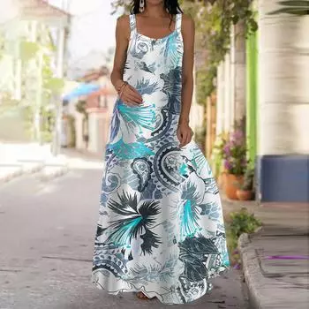 Женское платье-комбинация Длинное платье макси Красное платье с цветочным принтом Весна и лето Для отдыха и отпуска XS синий