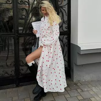 Женское платье-комбинация длиной до щиколотки с длинным рукавом и воротником-стойкой с высокой талией S белый