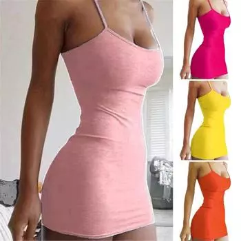 Женское платье-комбинация для клубной вечеринки, пляжное платье-футляр на тонких бретельках, облегающее платье без рукавов, платье с открытой спиной и бретельками, однотонное летнее мини-платье S розы красного
