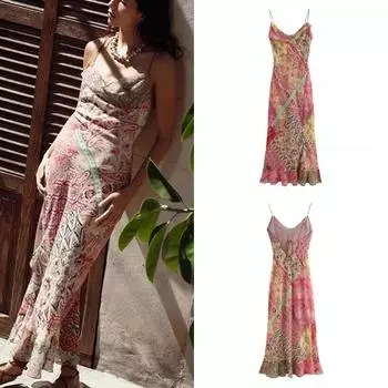 Женское платье-комбинация, новинка 2024 года, модное летнее лоскутное платье с открытой спиной и принтом для женщин, повседневное шикарное женское платье миди XS