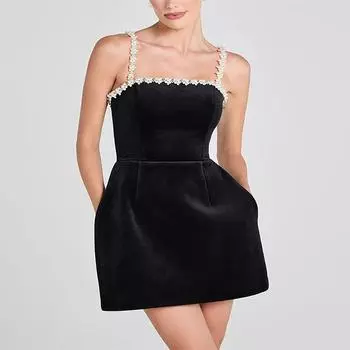 Женское платье-комбинация с 3D-цветочным жемчугом, сексуальное черное мини-платье с квадратным воротником и открытой спиной, элегантное женское вечернее платье, весна-лето, новая мода L чёрный