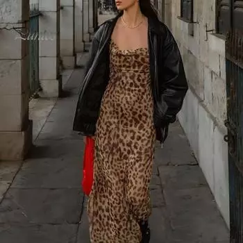 Женское платье-комбинация с леопардовым принтом и открытой спиной, тонкая талия, низкий вырез, V-образный вырез, без рукавов, трапециевидное платье для выпускного вечера, коктейльное клубное вечерние платье макси S хаки