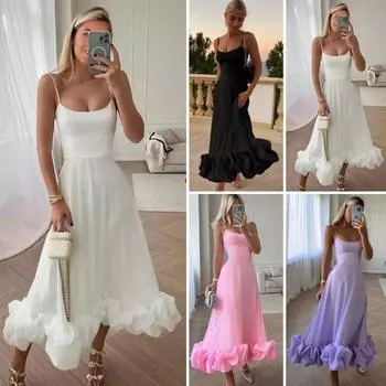 Женское платье-комбинация с открытой спиной и без рукавов на бретельках с облаками, трапециевидной формы, облегающее однотонное вечернее платье для выпускного вечера, вечерние макси-платье S чёрный