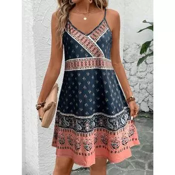 Женское платье-комбинация с принтом пейсли в стиле бохо, короткие платья на тонких бретельках с завязками спереди S разноцветный