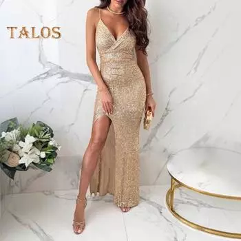 Женское платье-комбинация с V-образным вырезом, бретельками-спагетти, открытой спиной, застежкой-молнией, разрезом по бокам, пайетками, высокой талией, платье макси для свадьбы, дня рождения, вечеринки S золотистый