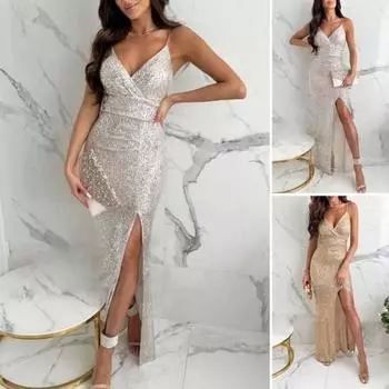 Женское платье-комбинация с V-образным вырезом, бретельками-спагетти, открытой спиной, застежкой-молнией, разрезом по бокам, пайетками, высокой талией, платье макси для свадьбы, дня рождения, вечеринки S золотистый