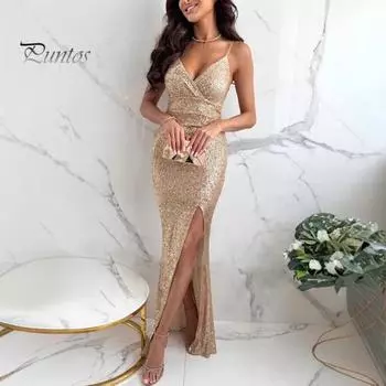 Женское платье-комбинация с V-образным вырезом, бретельками-спагетти, открытой спиной, застежкой-молнией, разрезом по бокам, пайетками, высокой талией, платье макси для свадьбы, дня рождения, вечеринки S серебряный