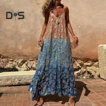 Женское платье-комбинация трапециевидного силуэта с градиентом соответствующего цвета сарафан без рукавов с принтом и открытой спиной с глубоким вырезом и V-образным вырезом трапециевидной формы с большим подолом для отпуска, пляжное платье с ремешками M