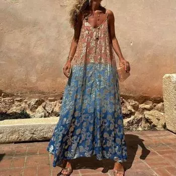 Женское платье-комбинация трапециевидного силуэта с градиентом соответствующего цвета сарафан без рукавов с принтом и открытой спиной с глубоким вырезом и V-образным вырезом трапециевидной формы с большим подолом для отпуска, пляжное платье с ремешками M