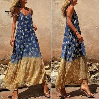 Женское платье-комбинация трапециевидного силуэта с градиентом соответствующего цвета сарафан без рукавов с принтом и открытой спиной с глубоким вырезом и V-образным вырезом трапециевидной формы с большим подолом для отпуска, пляжное платье с ремешками M
