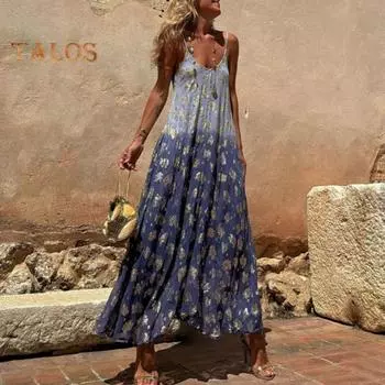 Женское платье-комбинация трапециевидного силуэта с градиентом соответствующего цвета сарафан без рукавов с принтом и открытой спиной с глубоким вырезом и V-образным вырезом трапециевидной формы с большим подолом для отпуска, пляжное платье с ремешками M