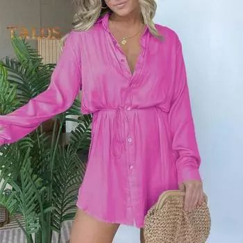 Женское платье-комбинезон, однобортное, сплошное, с длинными рукавами, на шнуровке, с узкой талией, с лацканами и V-образным вырезом, искусственное платье, мягкое дышащее платье длиной выше колена, женские короткие S розы красного