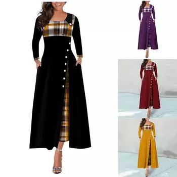 Женское платье контрастного цвета с длинными рукавами, круглым вырезом и юбкой с неровным подолом - в наличии большой запас 5XL жёлтый