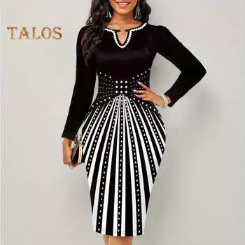 Женское платье контрастного цвета с геометрическим принтом Slim Fit Оболочка с высокой талией и длинными рукавами Металлический декор с крючком V-образный вырез Формальный стиль для поездок До колена Весна S чёрный