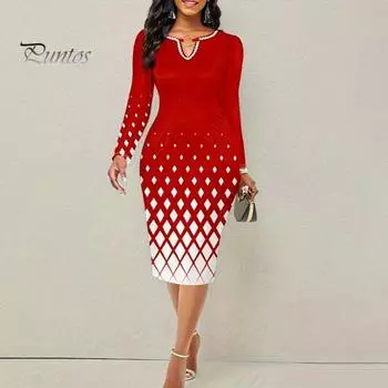 Женское платье контрастного цвета с геометрическим принтом Slim Fit Оболочка с высокой талией и длинными рукавами Металлический декор с крючком V-образный вырез Формальный стиль для поездок До колена Весна S чёрный