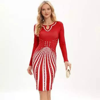 Женское платье контрастного цвета с геометрическим принтом, облегающее платье с высокой талией и длинными рукавами, декор с металлическим крючком, V-образный вырез, формальный стиль для поездок, длина до колена S