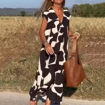 Женское платье контрастного цвета с v-образным вырезом и короткими рукавами, свободное трапециевидное платье длиной до щиколотки с развевающимися рукавами, мягкое дышащее женское платье макси L чёрный