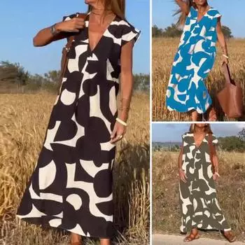 Женское платье контрастного цвета с v-образным вырезом и короткими рукавами, свободное трапециевидное платье длиной до щиколотки с развевающимися рукавами, мягкое дышащее женское платье макси L чёрный