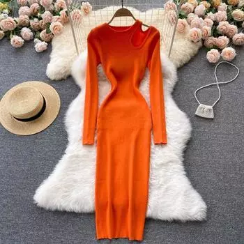 Женское платье, корейские повседневные полые платья с круглым вырезом, женские тонкие вязаные платья с высокой талией, осень-зима 2021 One Size чёрный