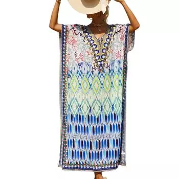 Женское платье, красочные цветочные принты, свободный халат для отпуска, бикини, защитный халат от солнца One Size синий
