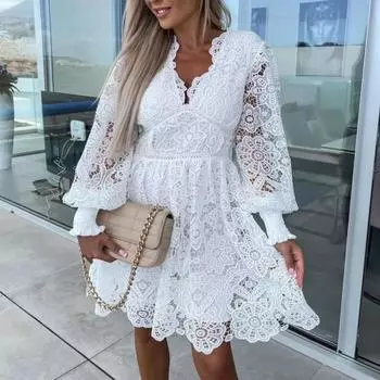Женское платье, кружевное ажурное трапециевидное платье со свободным подолом, V-образным вырезом и длинным рукавом, сплошной цвет, мягкие двойные слои, высокая талия, эластичные манжеты, женское платье миди длиной до колена XL белый