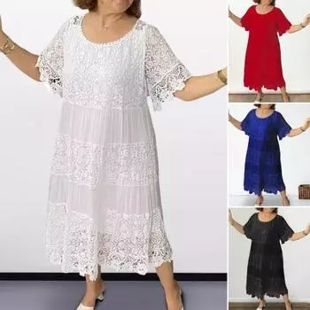 Женское платье Кружевное лоскутное платье с круглым вырезом и короткими рукавами с цветочной вышивкой Плиссированные свободные до середины икры M красный