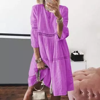 Женское платье, кружевное, с открытой вышивкой, с рукавами три четверти, однотонное, свободное, до колена, свободное, трапециевидное, с круглым вырезом, миди-платье M белый