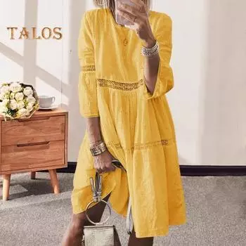 Женское платье, кружевное, с открытой вышивкой, с рукавами три четверти, однотонное, свободное, до колена, свободное, трапециевидное, с круглым вырезом, миди-платье M белый