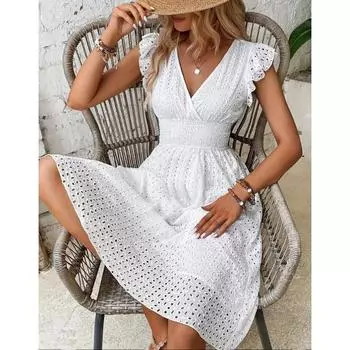 Женское платье кружевное жаккардовое ажурное облегающее платье миди с V-образным вырезом и эластичной талией платья средней длины для отдыха на каждый день в корейском стиле XXL белый