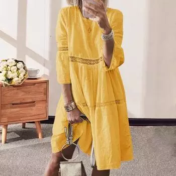 Женское платье Кружево с вышивкой Рукава три четверти Сплошной цвет Свободная длина до колена Трапеция Свободный круглый вырез Миди M белый